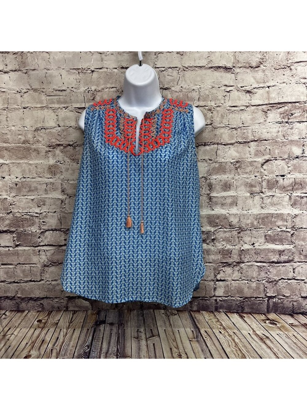 J.Crew Blue Geometric Print Embroidered Tassel Tie Sleeveless Top